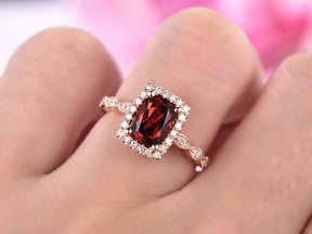 Art Deco Cushion Garnet Diamond Engagement Ring - Lord of Gem Rings