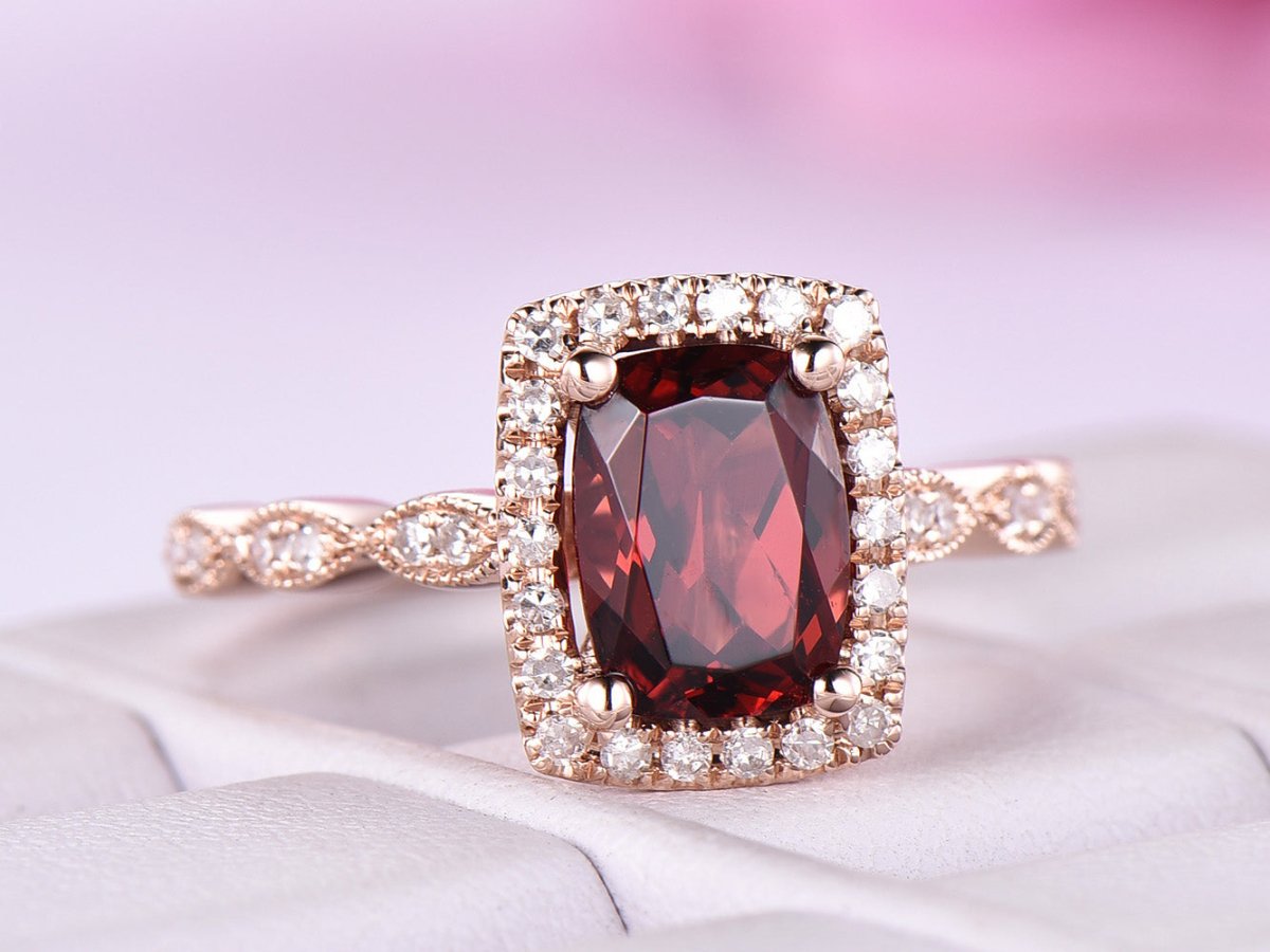 Art Deco Cushion Garnet Diamond Engagement Ring - Lord of Gem Rings
