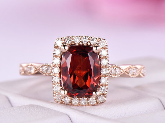 Art Deco Cushion Garnet Diamond Engagement Ring