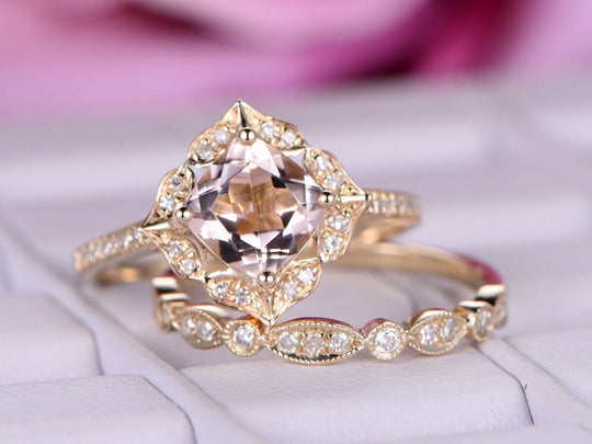 Art Deco Cushion Morganite Floral Bridal Set 14K Yellow Gold