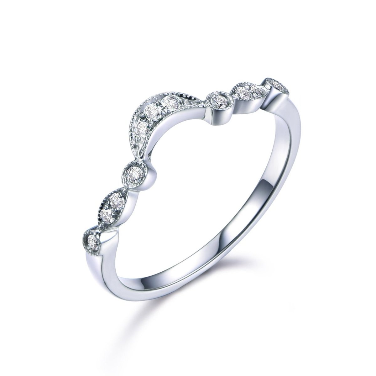 Diamond Wedding Band Half Eternity Art Deco Cresent Ring 14K White Gold