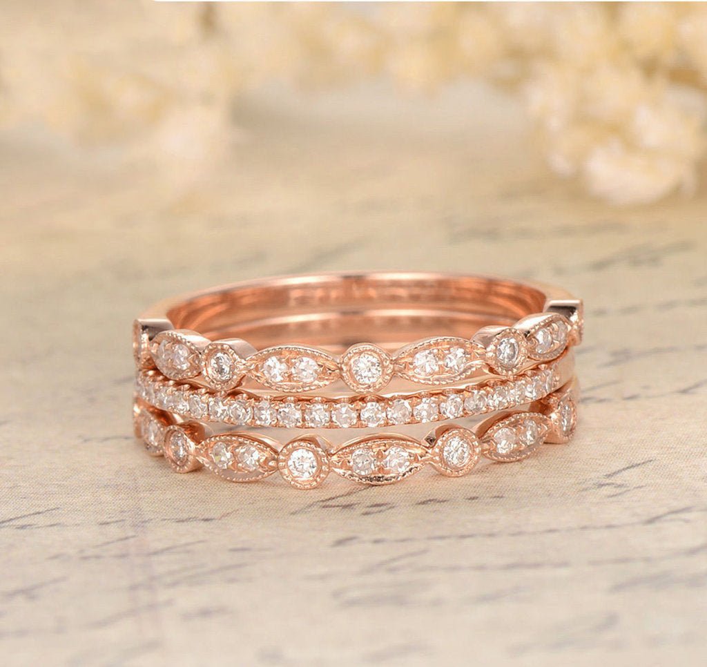 Art Deco Diamond Wedding Band Trio Set 14K Rose Gold - Lord of Gem Rings