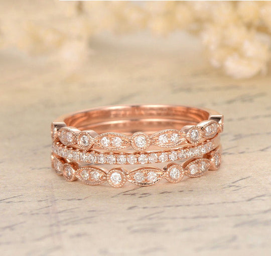 Art Deco Diamond Wedding Band Trio Set 14K Rose Gold