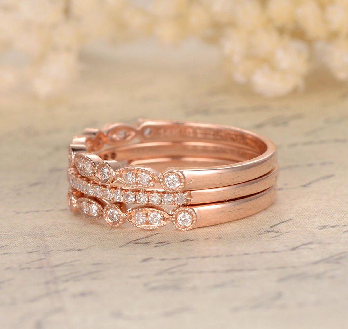 Art Deco Diamond Wedding Band Trio Set 14K Rose Gold Half Eternity