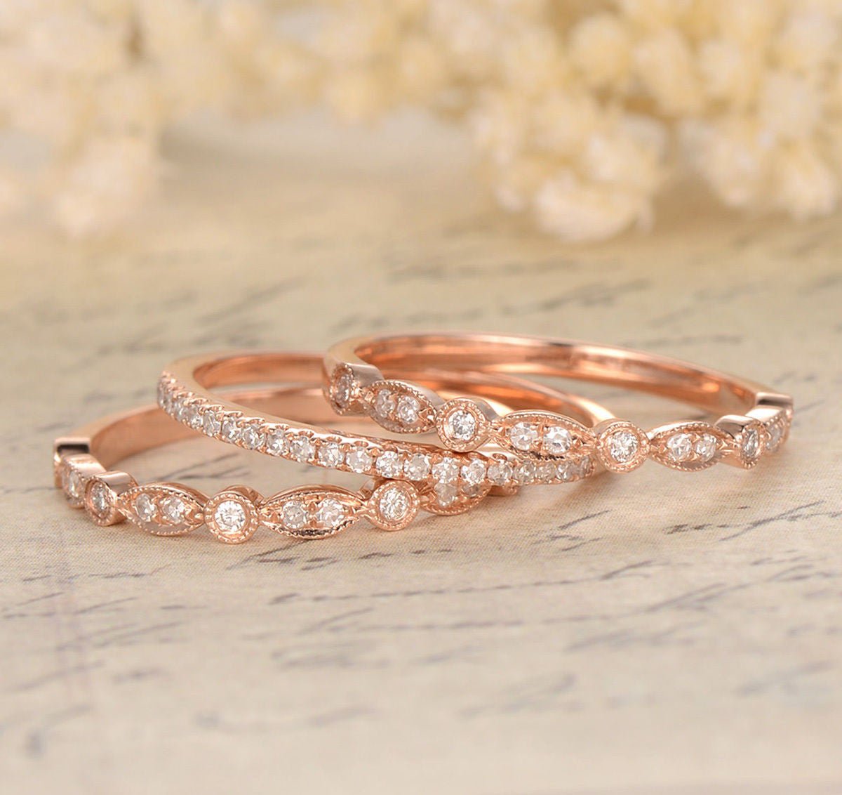 Art Deco Diamond Wedding Band Trio Set 14K Rose Gold - Lord of Gem Rings