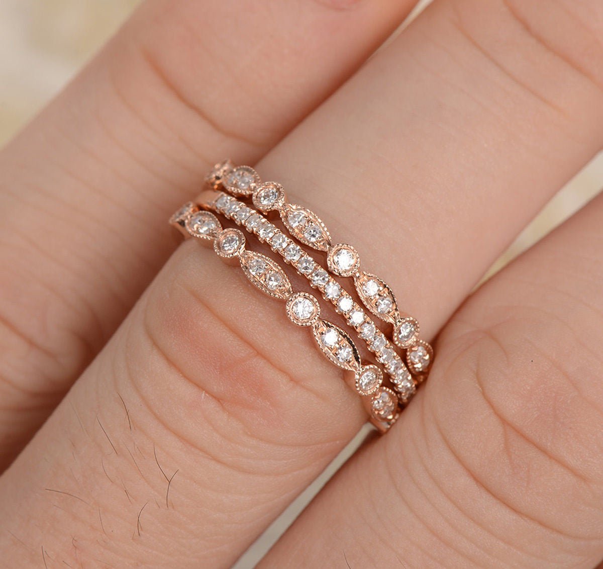 Art Deco Diamond Wedding Band Trio Set 14K Rose Gold - Lord of Gem Rings