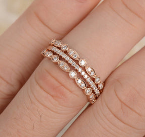 Art Deco Diamond Wedding Band Trio Set 14K Rose Gold - Lord of Gem Rings