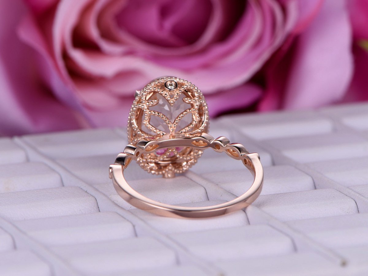 Art Deco Elongated Oval 10x14mm Morganite Ring Diamond Halo Milgrain Under Gallery - Lord of Gem Rings