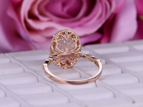 Art Deco Elongated Oval 10x14mm Morganite Ring Diamond Halo Milgrain Under Gallery - Lord of Gem Rings