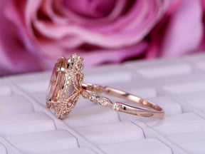 Art Deco Elongated Oval 10x14mm Morganite Ring Diamond Halo Milgrain Under Gallery - Lord of Gem Rings