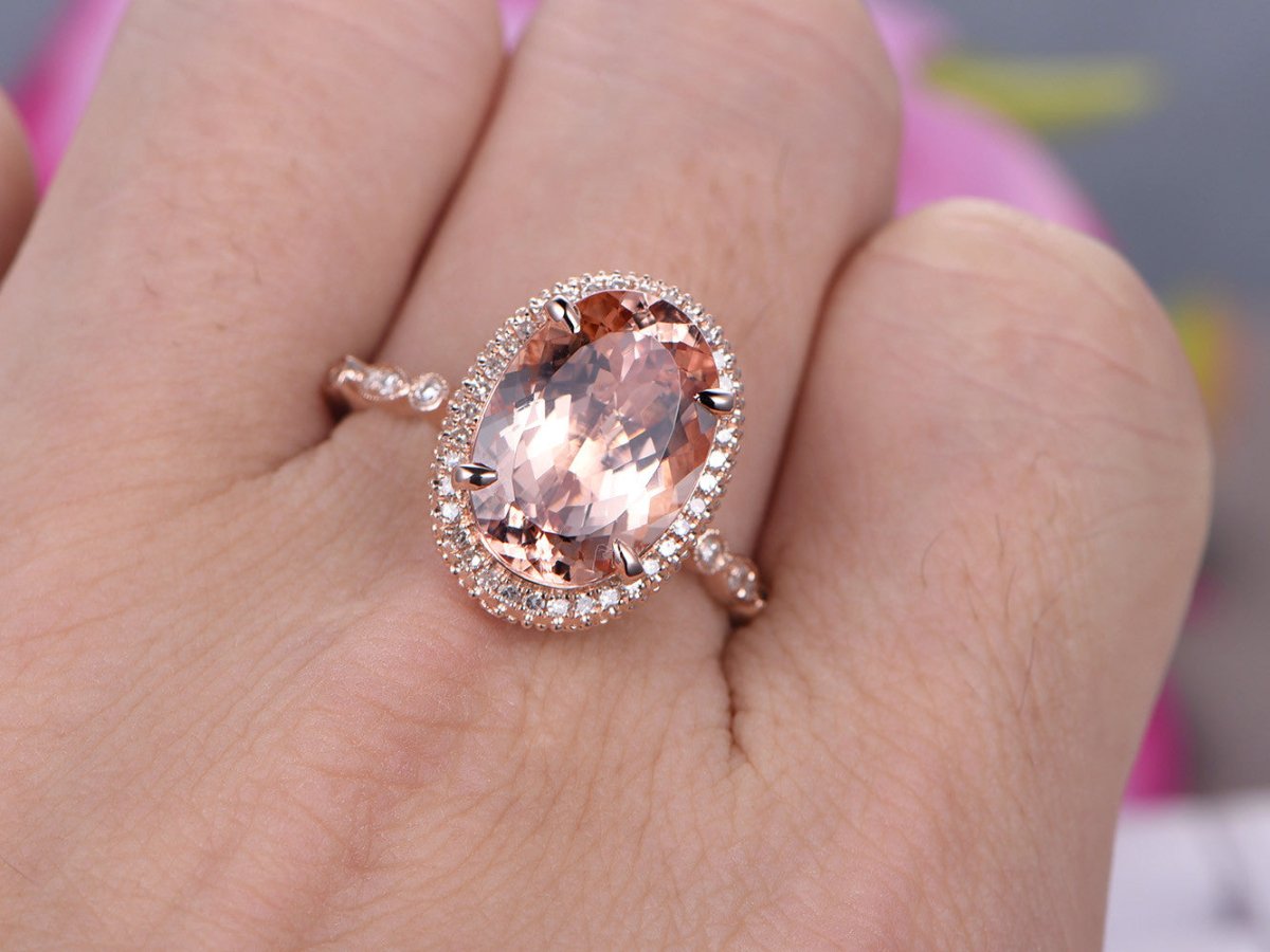 Art Deco Elongated Oval 10x14mm Morganite Ring Diamond Halo Milgrain Under Gallery - Lord of Gem Rings