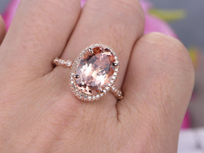 Art Deco Elongated Oval 10x14mm Morganite Ring Diamond Halo Milgrain Under Gallery - Lord of Gem Rings