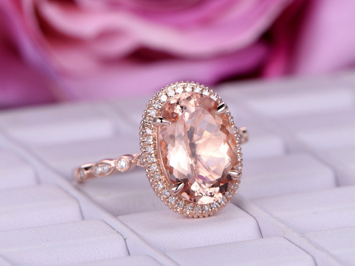 Art Deco Elongated Oval 10x14mm Morganite Ring Diamond Halo Milgrain Under Gallery - Lord of Gem Rings