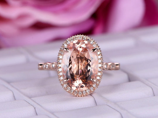 Art Deco Elongated Oval 10x14mm Morganite Ring Diamond Halo Milgrain Under Gallery