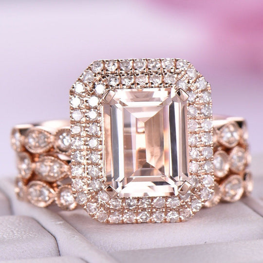 2ct Art Deco Emerald Cut Morganite Double Halo Trio Bridal Set