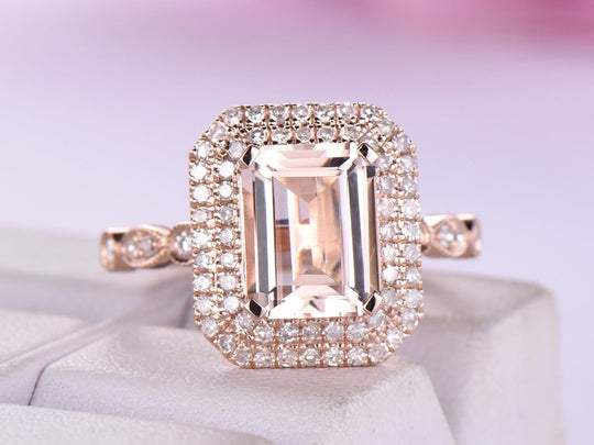 2ct Art Deco Emerald Cut Morganite Double halo Ring 14K Gold