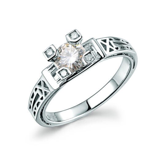 Art Deco Filigree Hand Engraved Round Moissanite Ring