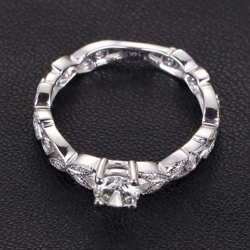 Art Deco Floral Shank Round Moissanite Ring - Lord of Gem Rings