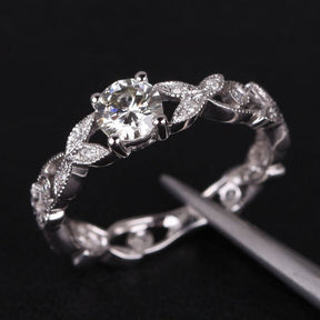 Art Deco Floral Shank Round Moissanite Ring - Lord of Gem Rings