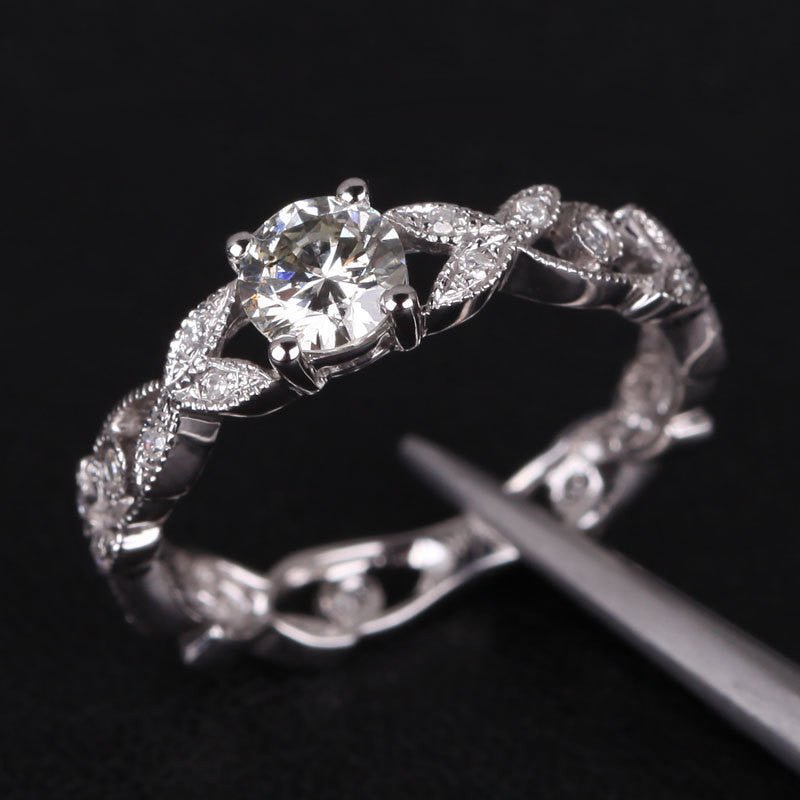 Art Deco Floral Shank Round Moissanite Ring - Lord of Gem Rings