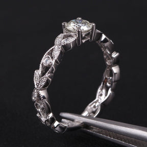 Art Deco Floral Shank Round Moissanite Ring - Lord of Gem Rings