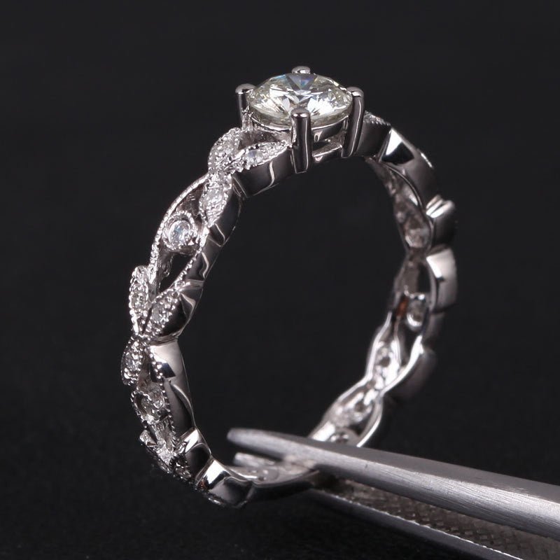 Art Deco Floral Shank Round Moissanite Ring - Lord of Gem Rings