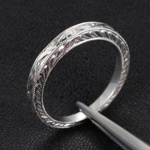 Art Deco Hand Engraved Scroll Wedding Band Eternity Anniversary Ring 14K White Gold