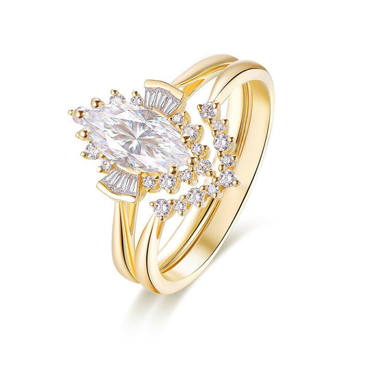 Art Deco Marquise Moissanite & Diamond Bridal Set 14K Yellow Gold