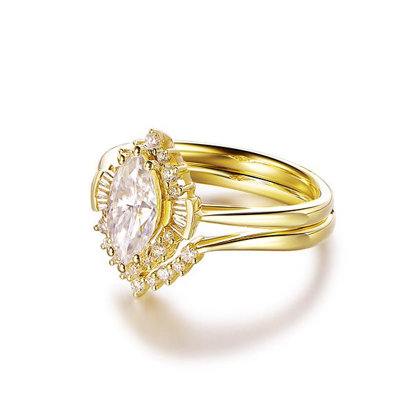 Art Deco Marquise Moissanite & Diamond Bridal Set 14K Yellow Gold - Lord of Gem Rings