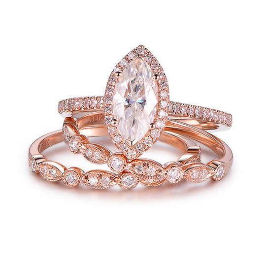 Art Deco Marquise Moissanite Ring Trio Set