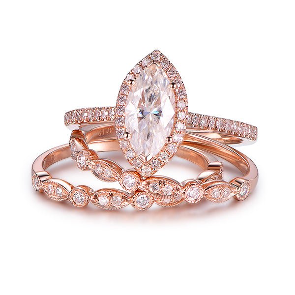 Art Deco Marquise Moissanite Ring Trio Set - Lord of Gem Rings