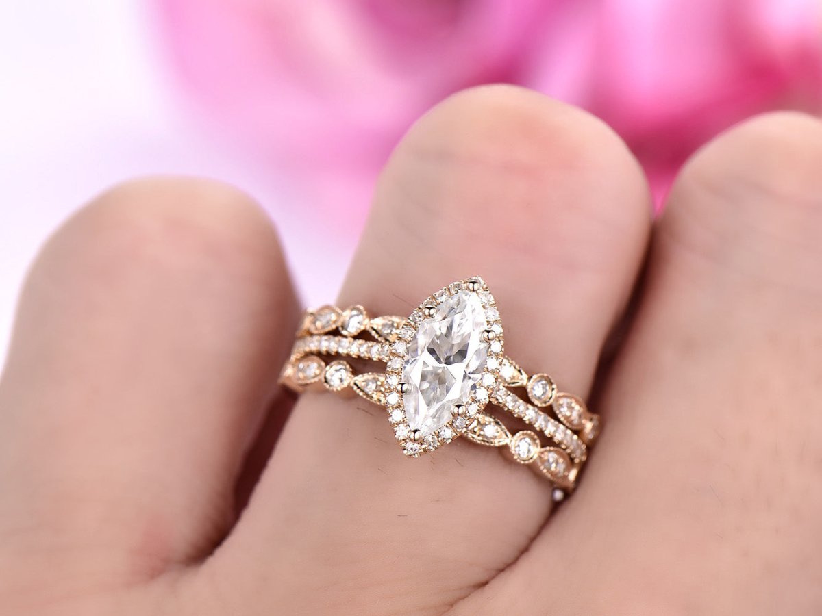 Art Deco Marquise Moissanite Ring Trio Set - Lord of Gem Rings