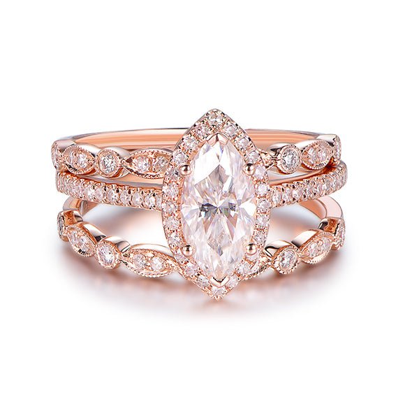 Art Deco Marquise Moissanite Ring Trio Set - Lord of Gem Rings