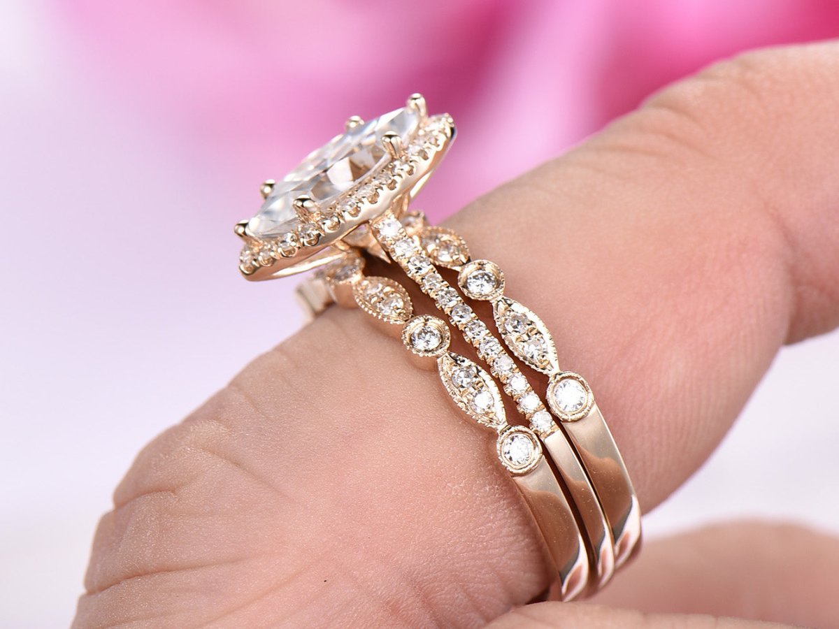 Art Deco Marquise Moissanite Ring Trio Set - Lord of Gem Rings