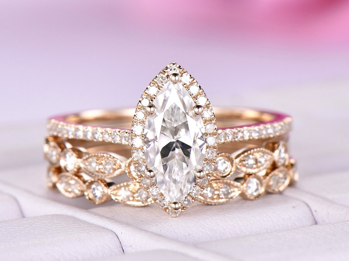 Art Deco Marquise Moissanite Ring Trio Set - Lord of Gem Rings