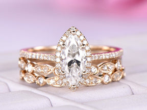 Art Deco Marquise Moissanite Ring Trio Set - Lord of Gem Rings
