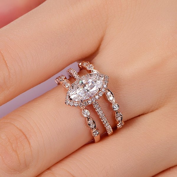 Art Deco Marquise Moissanite Ring Trio Set - Lord of Gem Rings