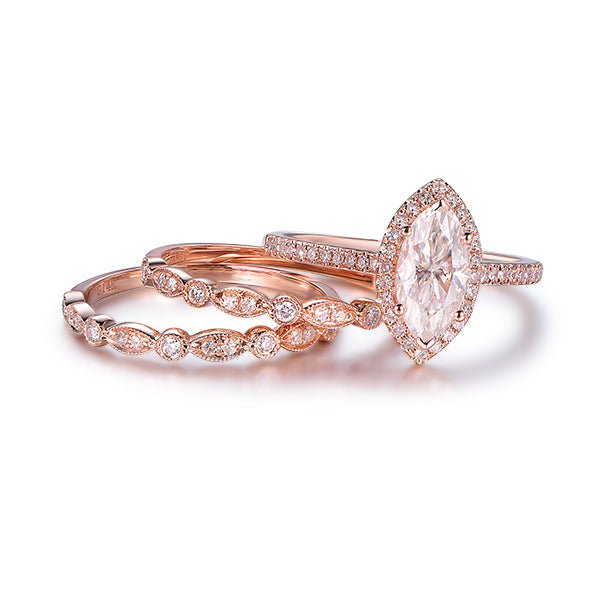 Art Deco Marquise Moissanite Ring Trio Set - Lord of Gem Rings