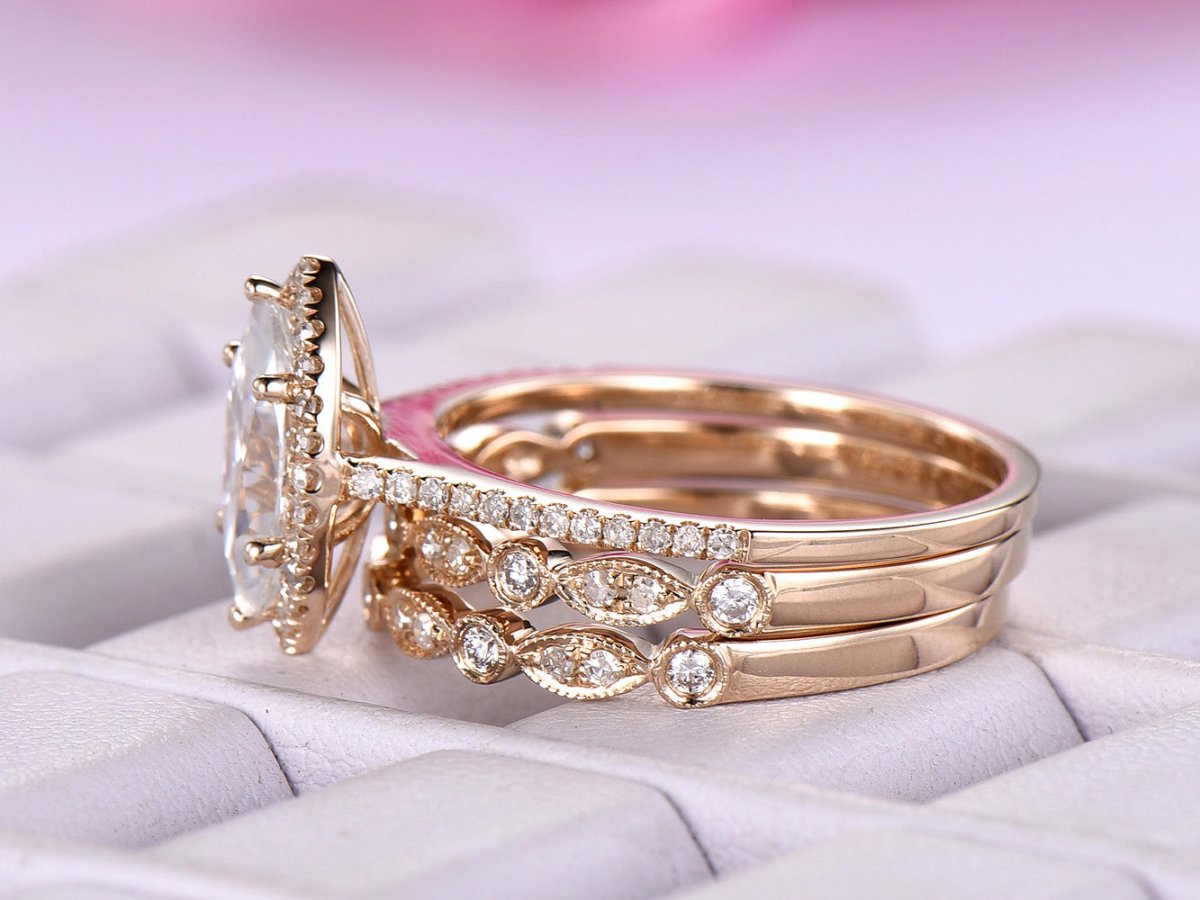 Art Deco Marquise Moissanite Ring Trio Set - Lord of Gem Rings