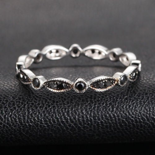 Art Deco Milgrain Black Diamond Eternity Wedding Band 14K White Gold - Lord of Gem Rings