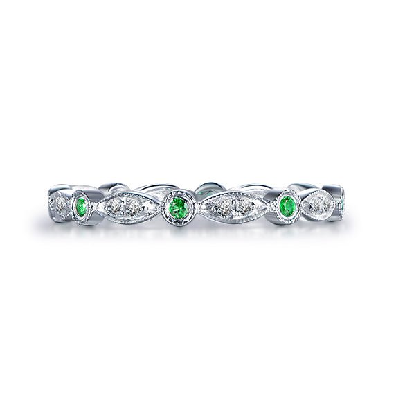 Art Deco Milgrain Emerald Diamond May Birthstone Band - Lord of Gem Rings