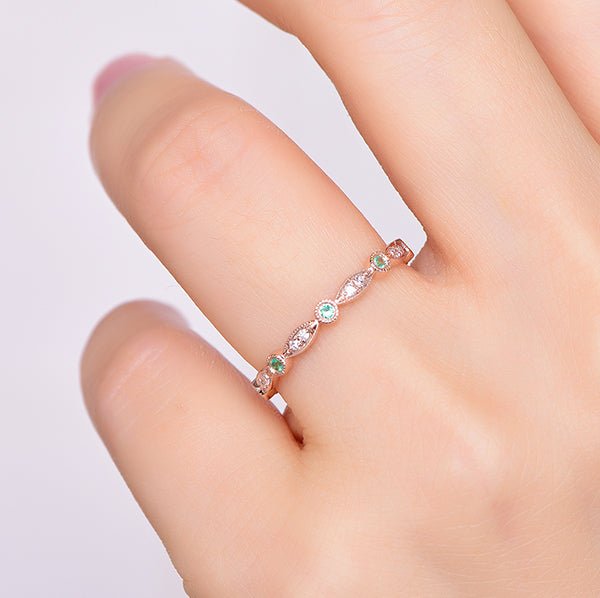 Art Deco Milgrain Emerald Diamond May Birthstone Band - Lord of Gem Rings
