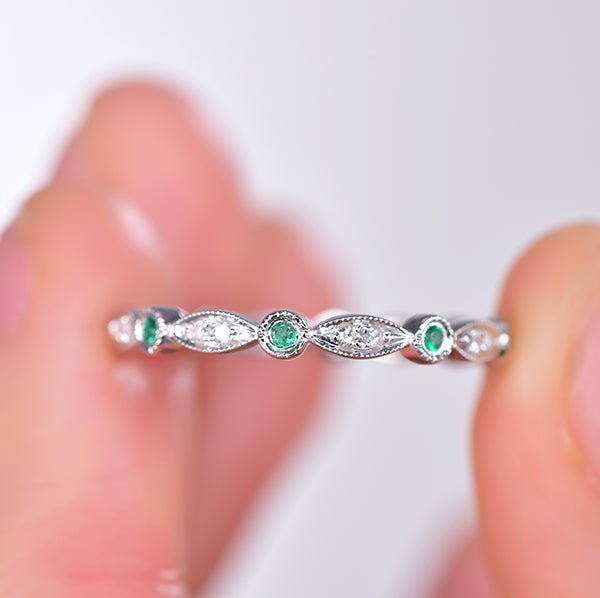 Art Deco Milgrain Emerald Diamond May Birthstone Band - Lord of Gem Rings