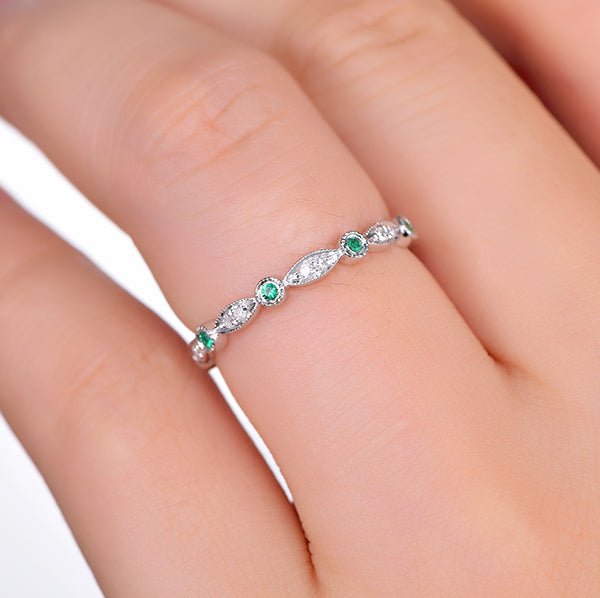 Art Deco Milgrain Emerald Diamond May Birthstone Band - Lord of Gem Rings