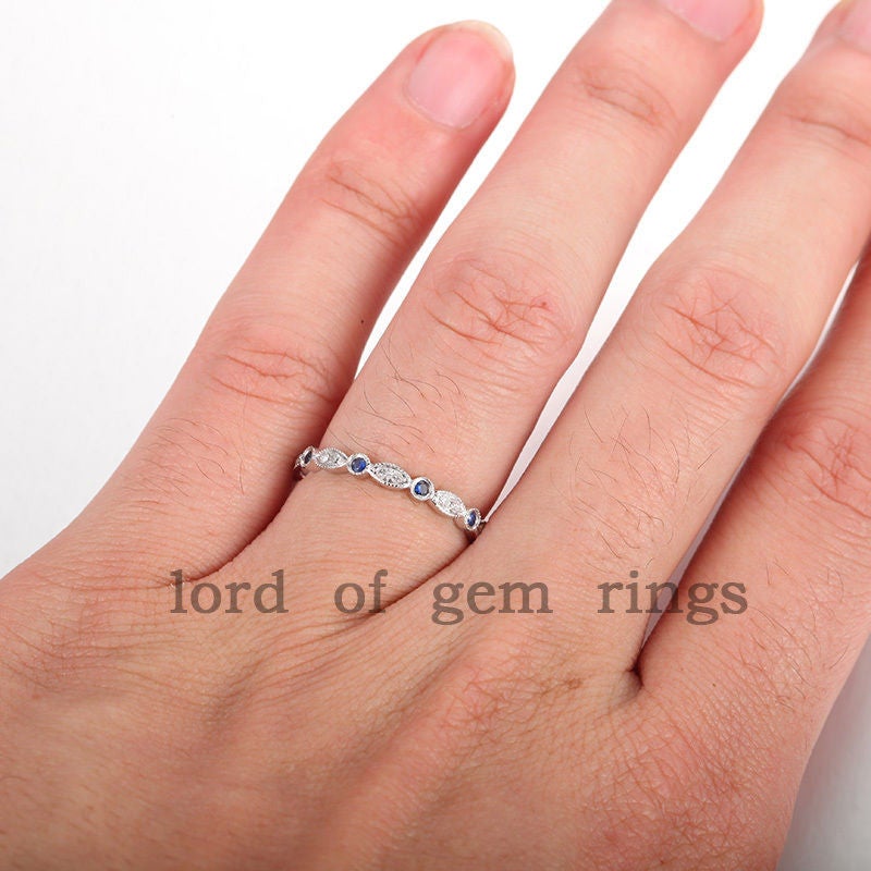 Art Deco Milgrain Natural Sapphire Diamond September Birthstone Band - Lord of Gem Rings