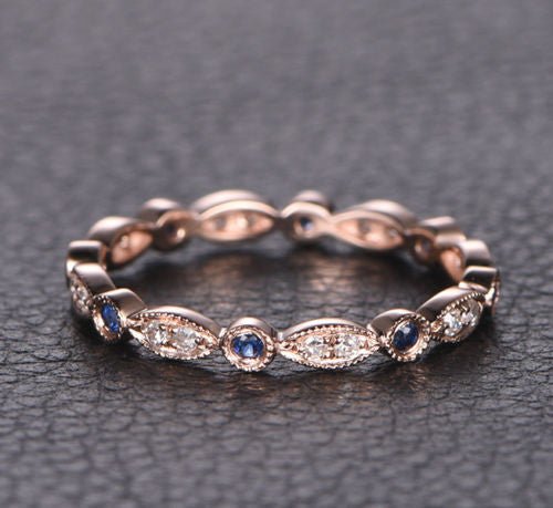 Art Deco Milgrain Natural Sapphire Diamond September Birthstone Band - Lord of Gem Rings