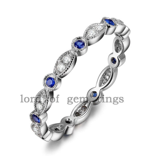 Art Deco Milgrain Natural Sapphire Diamond September Birthstone Band