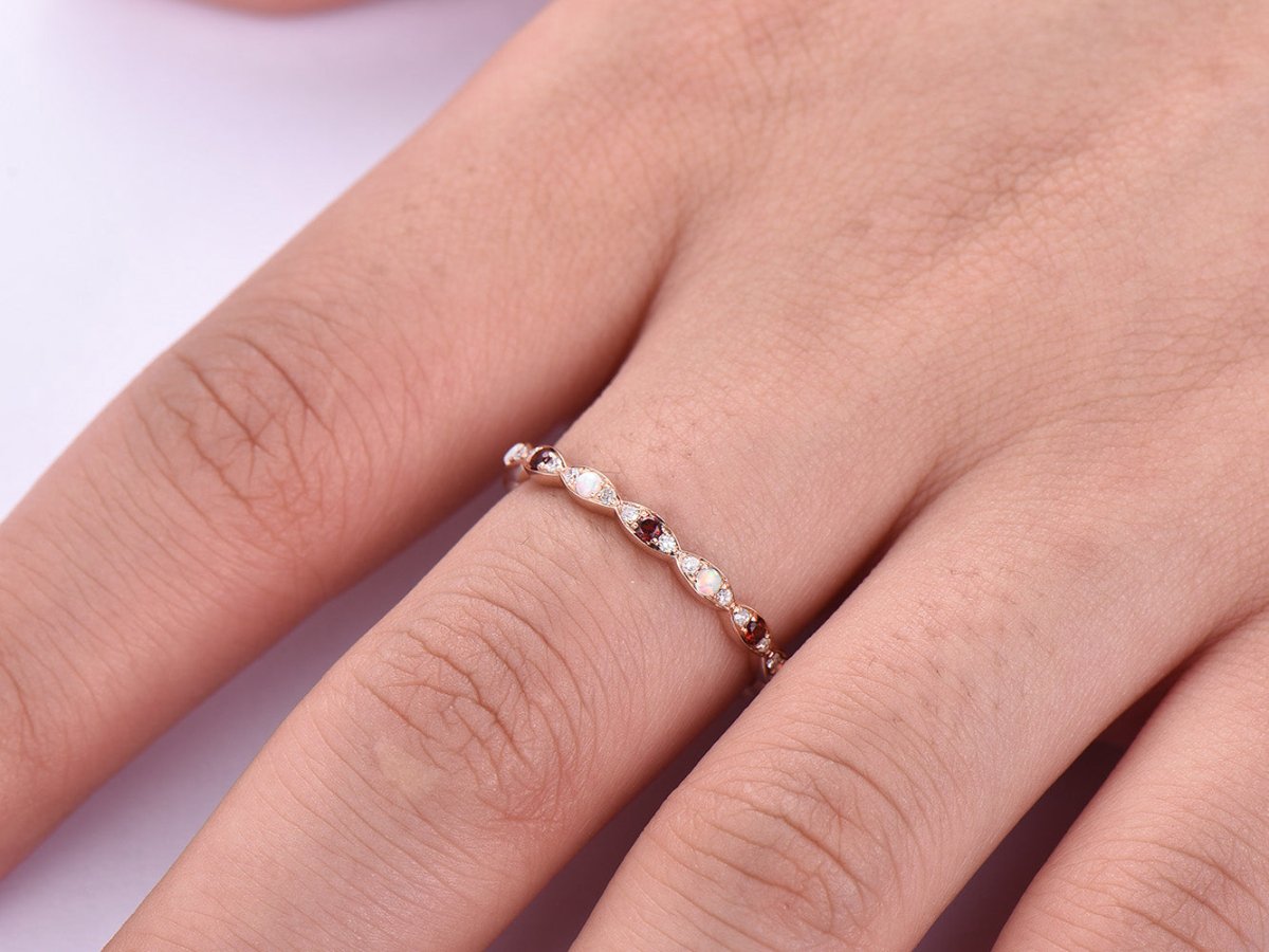 Art Deco Opal Garnet Diamond Eternity January Birthstone Band - Lord of Gem Rings