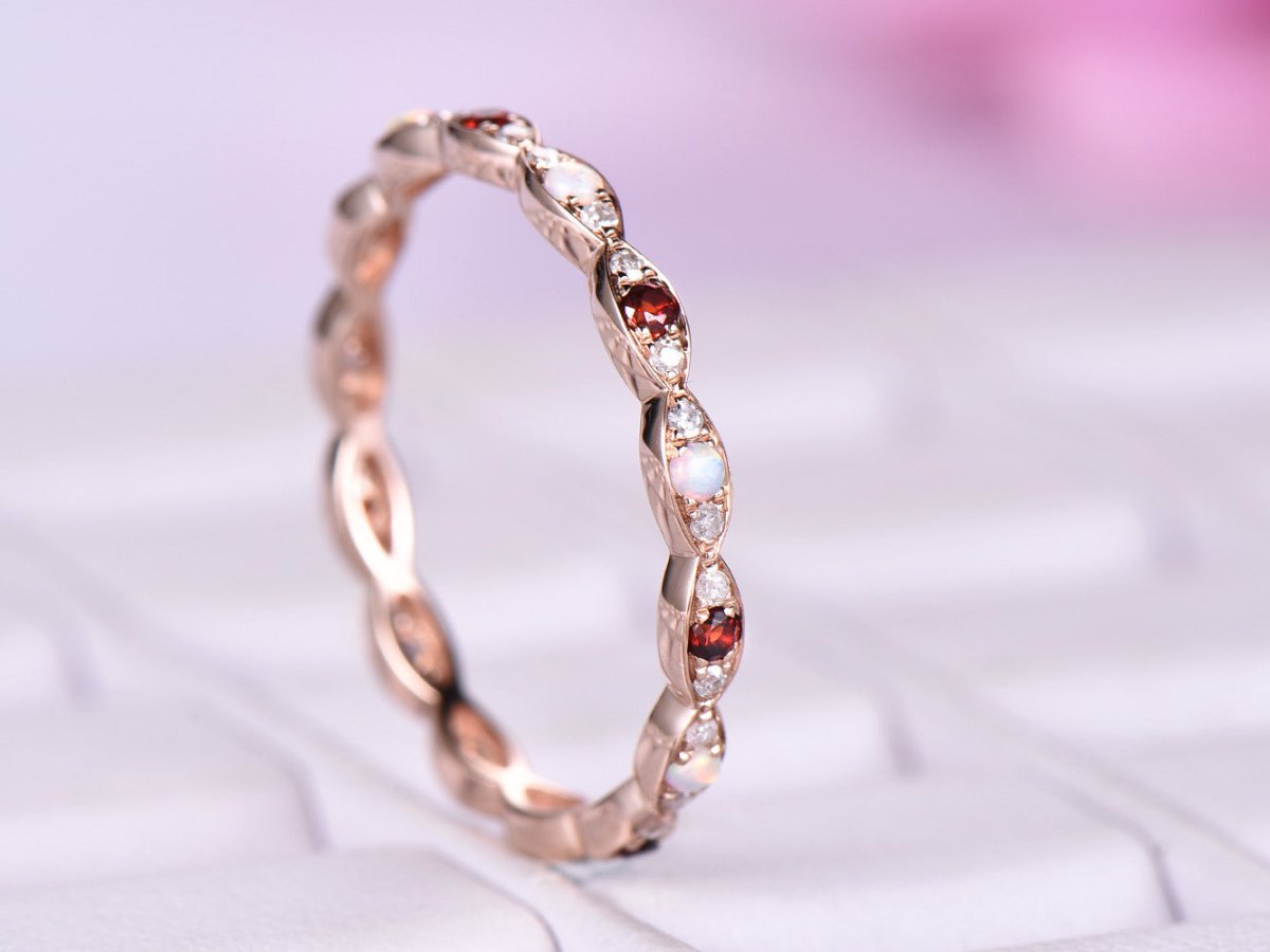 Art Deco Opal Garnet Diamond Eternity January Birthstone Band - Lord of Gem Rings