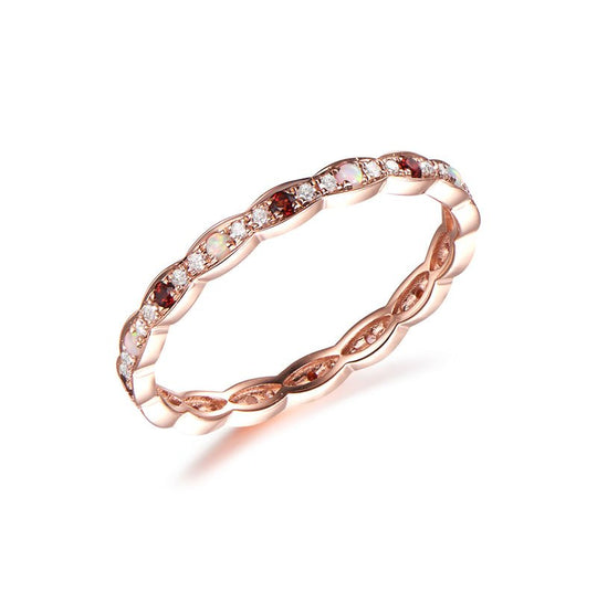 Art Deco Opal Garnet Diamond Full Eternity Band 14K Solid Gold Birthstone Ring
